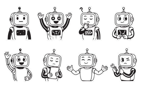 Set of cute cartoon robot faces showing various emotions and actions, fun and playful style.
