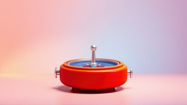 Roulette wheel centered, vibrant red base. Soft gradient background creates dramatic lighting, simple studio setup.