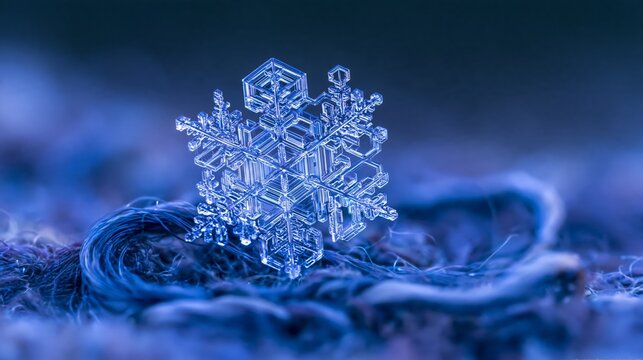 A stunning close-up of a snowflake resting on a soft thread, showcasing its intricate beauty.