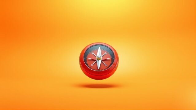 Red compass floats against vibrant orange gradient background. Simple design focuses on direction, navigation, exploration themes.