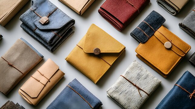 Handmade fabric wallet collection minimalist pouch set fashion accessory flat lay top view business gift premium textile design