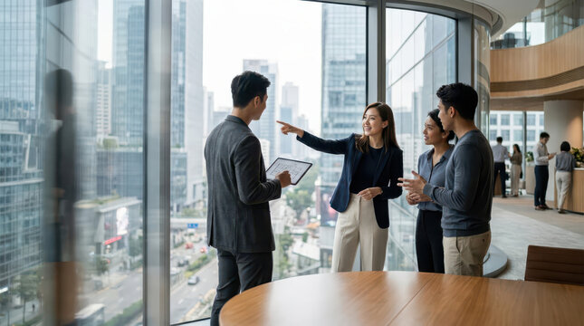 Business professionals collaborating in a modern office overlooking a cityscape, discussing ideas and representing teamwork, leadership, innovation, communication and corporate workplace culture
