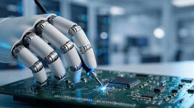 Industrial AI robot repairing a circuit board showcasing robotic precision, artificial intelligence, automation, semiconductor technology, electronics manufacturing and advanced engineering role