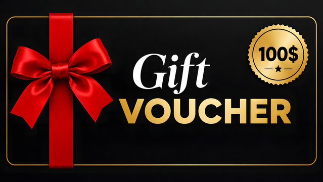 A luxury black gift voucher card features a red satin ribbon bow and a gold starburst seal. Elegant typography displays a cash value offer. Vector certificate design.