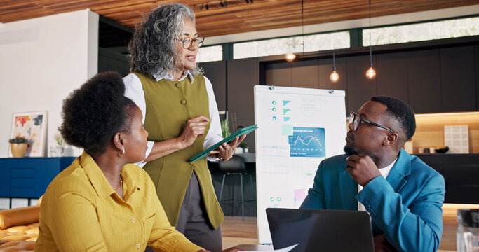 Real estate, presentation and team with tablet in house, graphs and market research with colleagues. Property management, collaboration and people with technology, charts or planning for home listing