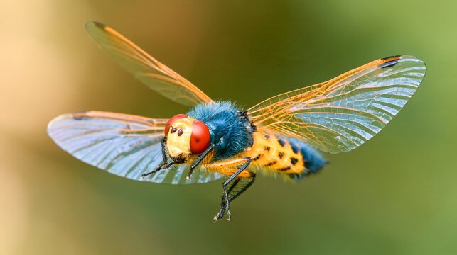 A vibrant insect displaying stunning colors and intricate wing patterns in flight.