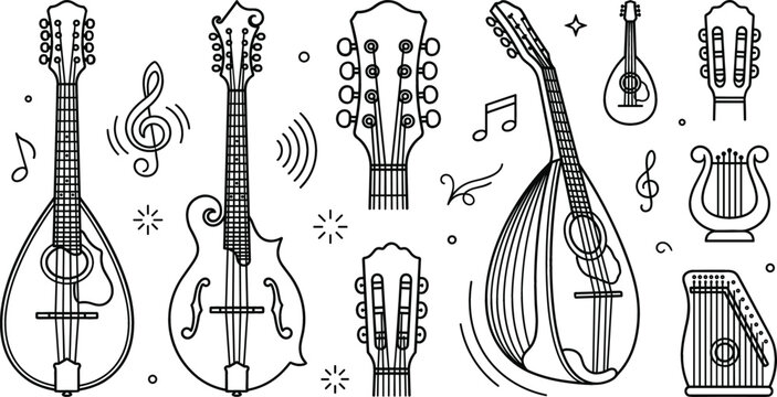Mandolin musical instrument line art set lute lyre headstock note acoustic vector outline black white illustration