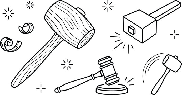 Wooden mallet gavel line art set carpentry tool judge auction hammer vector outline black white illustration