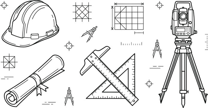 Construction engineering line art set hard hat total station tripod blueprint ruler compass surveying tools vector illustration