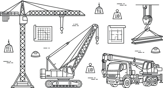 Heavy construction crane equipment line art set tower crawler truck mobile crane lifting beam vector illustration