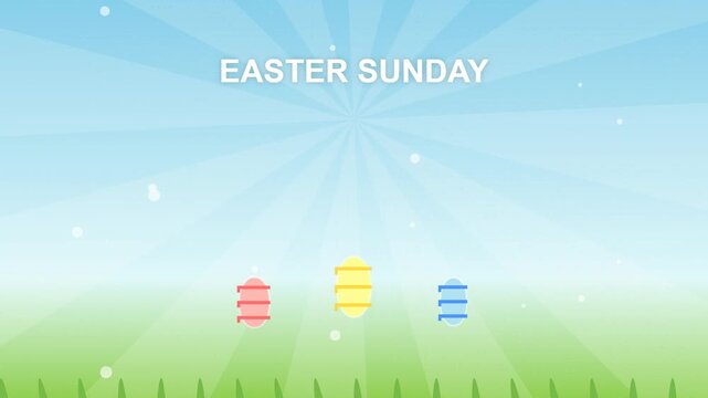 Easter Sunday Greeting Animation with Colorful Eggs on Green Grass and Blue Sky Background.
