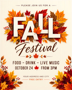 Fall Festival invitation with autumn leaves and acorns featuring event details for food drink and music perfect for seasonal celebrations