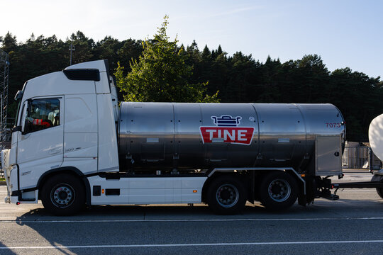 August 19, 2026, Halhjem, Norway - White Volvo FH 500 truck with TINE tanker trailer