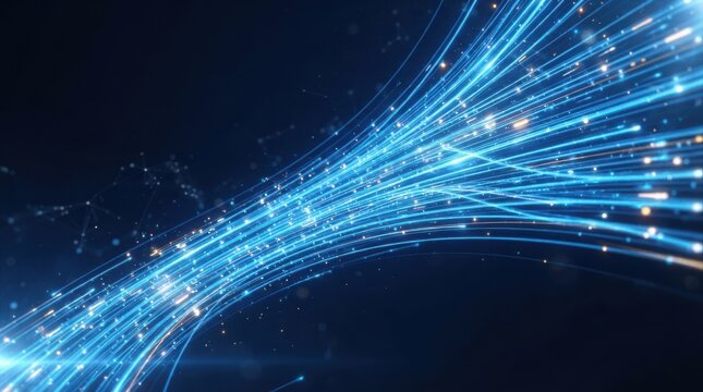 Abstract digital data stream with glowing blue light trails