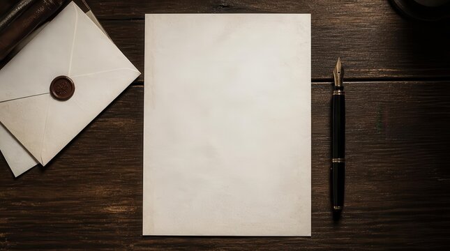 A vintage parchment sheet with an antique wax-sealed envelope and a classic fountain pen are artfully arranged on a richly textured wooden surface, evoking a sense of timeless communication