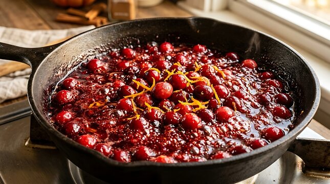 Close-up of delicious homemade cranberry sauce being prepared in a cast iron skillet with orange zest for a festive holiday meal