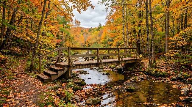 autumn forest landscape with bridge , Fall And Autumn Season, Halloween, Thanksgiving