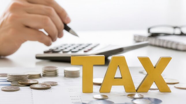 A person carefully uses a calculator and pen, with coins and the word TAX displayed prominently, representing financial planning and fiscal responsibilities for individuals and businesses