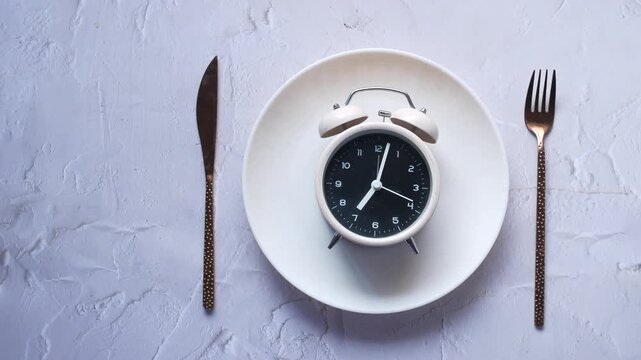 A white alarm clock sits on a white plate with a fork and knife on either side on a textured gray background, conceptual footage for diet and meal timing