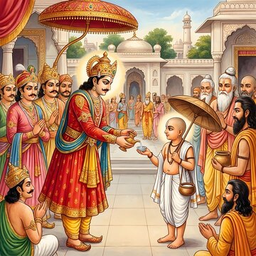 King bestows blessings on young boy with sacred ritual in ornate palace courtyard during daytime with onlookers