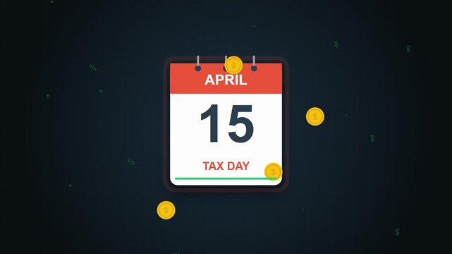 Tax Day April 15 Calendar Animation with Floating Gold Coins on Dark Background.