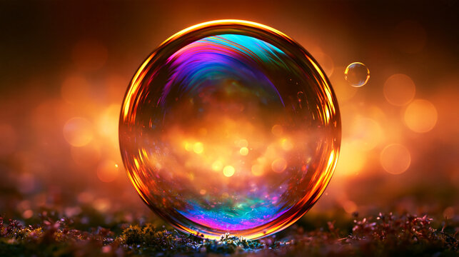 Dreamy fantasy nature background with crystal orb, copper landscape and liquid chrome arc