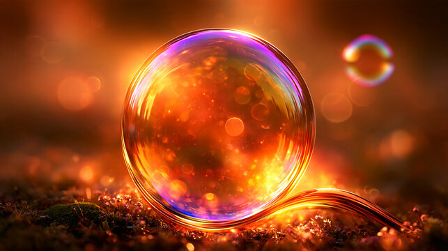 Dreamy fantasy nature background with crystal orb, copper landscape and liquid chrome arc