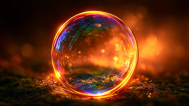 Dreamy fantasy nature background with crystal orb, copper landscape and liquid chrome arc