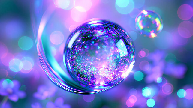Dreamy fantasy nature background with crystal orb, lavender landscape and liquid chrome arc