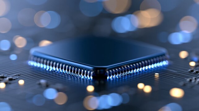 Close-up of a blue microprocessor amidst glowing circuits and abstract lights.