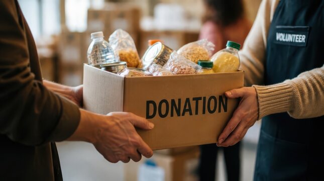 Generous hands exchange a filled cardboard box marked with the word 'donation', containing assorted groceries and bottles, symbolizing community support and charitable giving during times