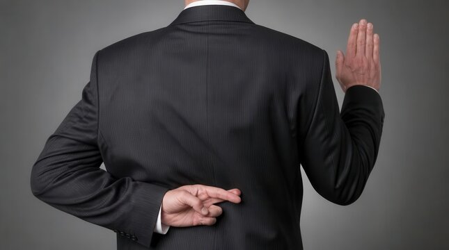 A businessman in a formal suit raises his hand in an oath or pledge while crossing his fingers behind his back, implying dishonesty or deception during a serious moment of commitment