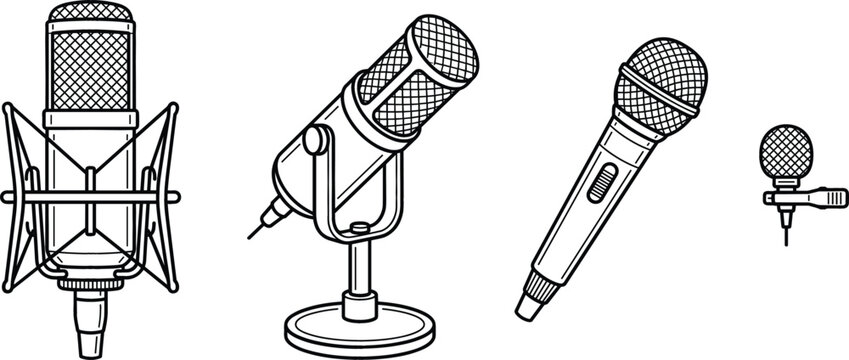 Professional microphone vector illustration set featuring studio condenser mic podcast desktop stand wireless handheld and lapel lavalier icons