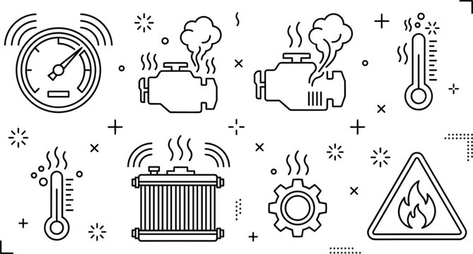 Car engine overheating and radiator breakdown vector icon set featuring thermometer gauge warning fire hazard linear outline symbols