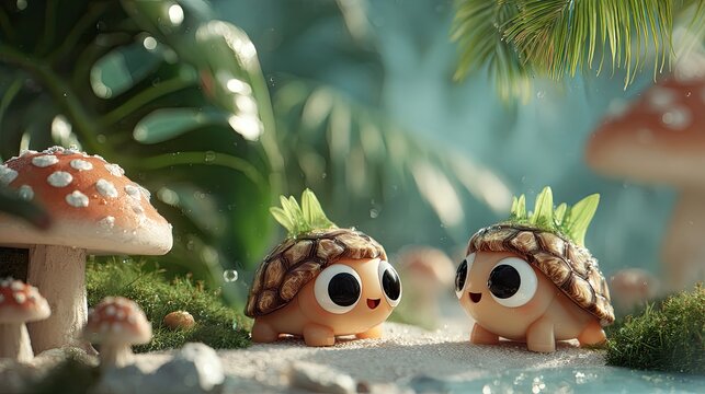 Cute Cartoon Turtles with Pineapple Helmets in Fantasy Environment