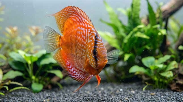 Orange discus fish swimming in a planted freshwater aquarium