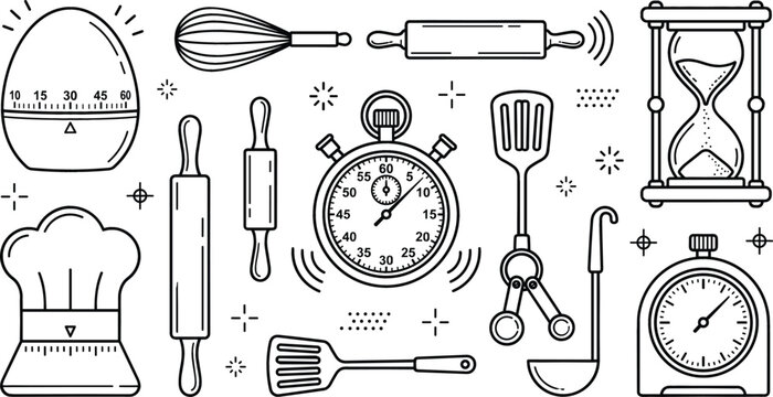 Kitchen timers and cooking utensils vector set featuring stopwatch hourglass chef hat rolling pin whisk ladle spatula elements