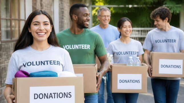A diverse group of smiling people enthusiastically carrying donation boxes filled with supplies for a charitable cause, demonstrating community spirit and selfless giving while outdoors