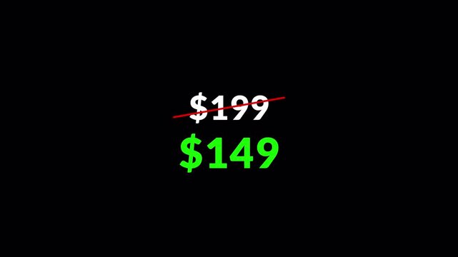 Animated Price cut strikethrough from 199 dollars to 149 dollars discount offer 4k animation with alpha channel price tag discount from 99 to 49 animated on transparent background