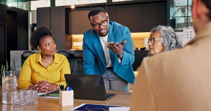 Real estate, presentation and team with laptop in house, meeting or market research with colleagues. Property management, collaboration and happy people with tech, talking and plan for home listing