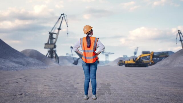 Full Body Back View Of A Female Engineer Wearing Safety Helmet Looking Around While Standing With Arms Akimbo at Gravel Stockpile Yard with Cranes and Excavators