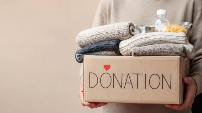 Generous person holding a cardboard container filled with folded textiles and a few essential supplies, symbolizing acts of kindness and charitable giving to those in need