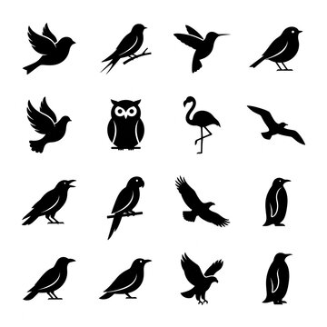 Black Bird Silhouette Collection, Flying and Perched Birds, Owl, Flamingo, Penguin, Eagle and Hummingbird Icons Isolated on White Background
