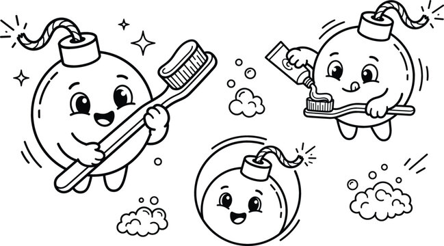 Cute bomb character brushing teeth vector set featuring funny cartoon mascot with toothbrush toothpaste foam doodle illustrations