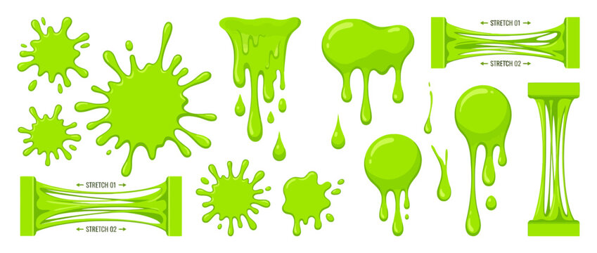 Green slime blobs, sticky drops, and stretchy goo elements on white background