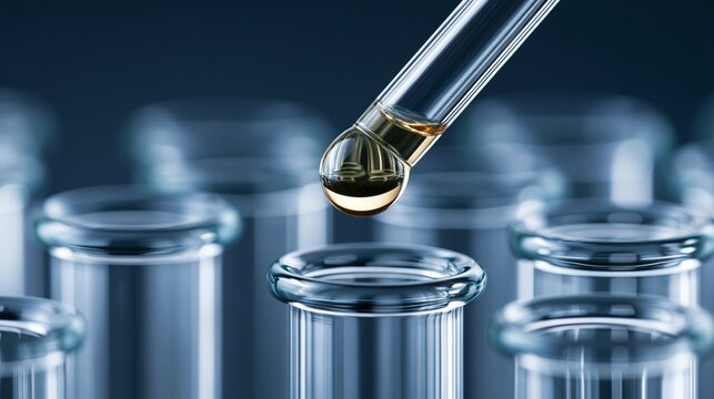 Close-up of a pipette delivering liquid into a test tube in a laboratory setting.