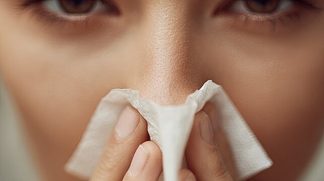 Close-up of Person Wiping Nose with Tissue Showing Expression of Discomfort