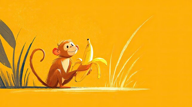 Cheerful Monkey Holding a Banana on a Bright Yellow Background
