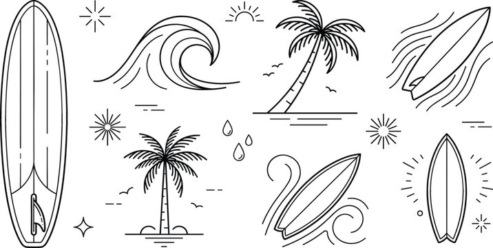 Surfboard surfing line art set wave ocean palm tree tropical beach summer vector outline illustration blue