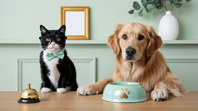 Classy tuxedo cat wearing glasses and a bow tie sitting with a golden retriever at a wooden desk